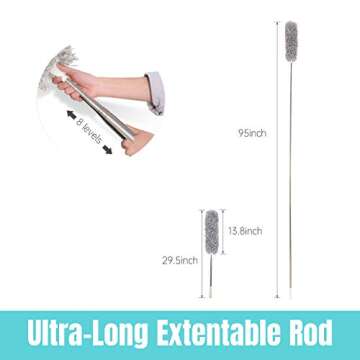 TransWonder Microfiber Duster with Extension Pole(100in.), 360 Degree Bendable Long Handle Duster for High Ceiling, Fan/Light, Cobwebs, Car, Computer/TV (Grey)