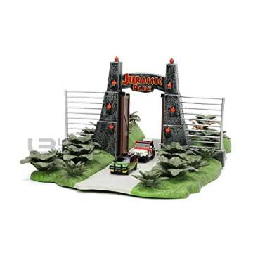 Nano Scene Jurassic Park 30th Anniversary Jurassic Gate Diorama w/ Two 1.65" Die-Cast Cars, Toys for...