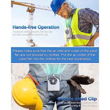 Stsase Portable Fan 10000mAh Rechargeable, Mini Waist Fan With Max 24H Working Time, 3 Speeds 5100RPM Strong Airflow Wearable Personal Small Clip Fan for Outdoor, Jobsite, Traveling, Fishing(White)