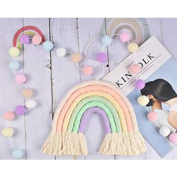 DrCor Pastel Rainbow Wall Decor with Pom Pom Garland Yarn Wall Hanging for Christmas Classroom Birthday Girls Bedroom Party Toddler Nursery Playroom Kids Room Decor, 2 Pack