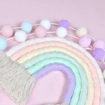 DrCor Pastel Rainbow Wall Decor with Pom Pom Garland Yarn Wall Hanging for Christmas Classroom Birthday Girls Bedroom Party Toddler Nursery Playroom Kids Room Decor, 2 Pack