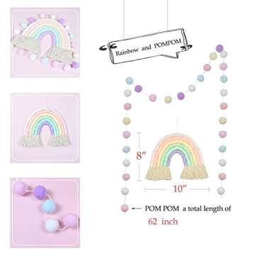 DrCor Pastel Rainbow Wall Decor with Pom Pom Garland Yarn Wall Hanging for Christmas Classroom Birthday Girls Bedroom Party Toddler Nursery Playroom Kids Room Decor, 2 Pack
