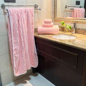 YTYC 39x78 Inches Oversized Bath Sheets Towels Set of 6 Large Towels for Bathroom Luxry Plush Super Soft Absorbent Stripe Hanging Loop Microfiber Shower Towels 80% Polyester (Pink,6)