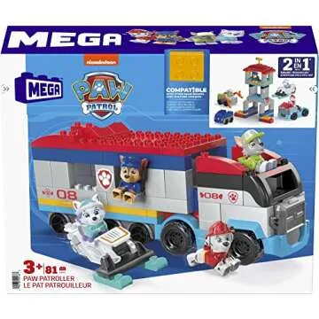 Mega BLOKS PAW Patrol Toddler Building Blocks Toy Cars, PAW Patroller with 81 Pieces, 4 Figures, Fisher-Price Gift Ideas for Kids Age 3+ Years