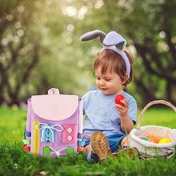 Busy Board - Toddler Backpack with Buckles and Learning Activity Toys - Develop Fine Motor Skills and Basic Life Skills - Learn to Tie Shoes - Children's Travel Toy (Purple)