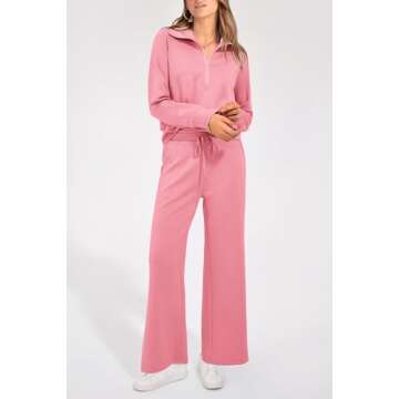 PRETTYGARDEN Women's 2025 Fall Fashion Clothes Half Zip Sweatshirts And Palazzo Pants Sweatsuit Sets (Pink,Small)
