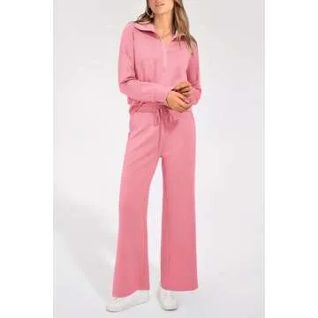 PRETTYGARDEN Women's 2025 Fall Fashion Clothes Half Zip Sweatshirts And Palazzo Pants Sweatsuit Sets (Pink,Small)