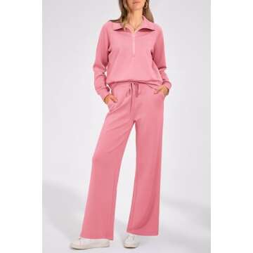 PRETTYGARDEN Women's 2025 Fall Fashion Clothes Half Zip Sweatshirts And Palazzo Pants Sweatsuit Sets (Pink,Small)