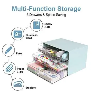 Comix Desk Organizer with 6 Drawers, Rectangular Desktop Drawers, Plastic MakeupStorage, Detachable Design, Suitable for Office, School, Home (Blue)