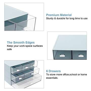 Comix Desk Organizer with 6 Drawers, Rectangular Desktop Drawers, Plastic MakeupStorage, Detachable Design, Suitable for Office, School, Home (Blue)