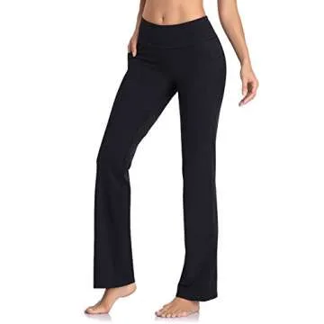 HISKYWIN Side Pockets Yoga Pants 4 Way Stretch Tummy Control Workout Running Pants, Long Bootleg Flare Pants HF201-Black-XXL