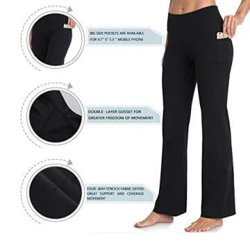 HISKYWIN Side Pockets Yoga Pants 4 Way Stretch Tummy Control Workout Running Pants, Long Bootleg Flare Pants HF201-Black-XXL