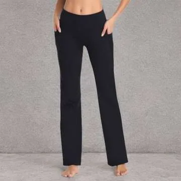 HISKYWIN Side Pockets Yoga Pants 4 Way Stretch Tummy Control Workout Running Pants, Long Bootleg Flare Pants HF201-Black-XXL