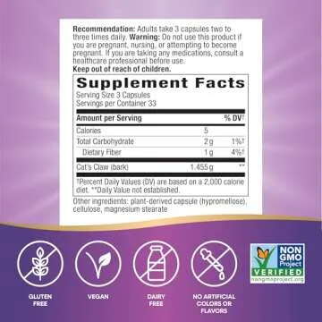 Nature's Way Cat’s Claw Bark, Traditional Health Support*, 1,455 mg per 3-Capsule Serving, Non-GMO Project Verified, 100 Vegan Capsules (Packaging May Vary)