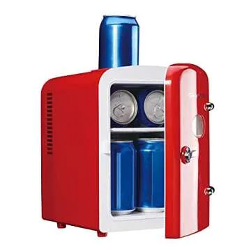 Frigidaire EFMIS171-RED Retro Mini Portable Personal Fridge-Ideal for Home, Office or Dorm-Features Active Cooling Can -Holder on Top-Includes Carrying Handle, AC/DC Wall/Car Charger-Red, standard