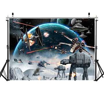 LYWYGG 7X5FT Outer Space Backdrop Space Photo Background Boys Party Supplies Black Stars Science Fiction Photography Backdrop Kids Birthday Decorations Banner CP-248