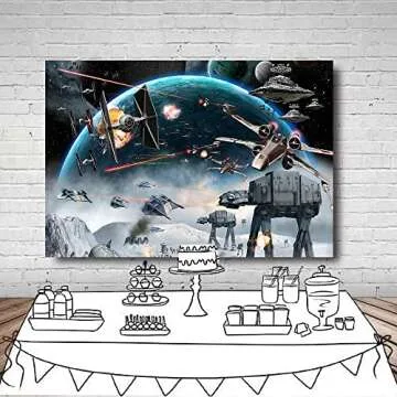 LYWYGG 7X5FT Outer Space Backdrop Space Photo Background Boys Party Supplies Black Stars Science Fiction Photography Backdrop Kids Birthday Decorations Banner CP-248