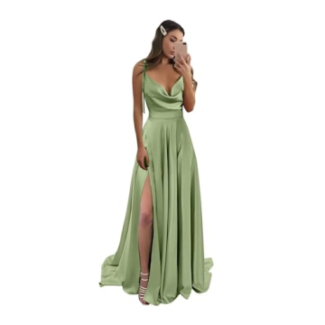 Miao Duo Long Backless Prom Dress - Elegant Spaghetti Straps Satin Evening Gown with Pockets in Sage...