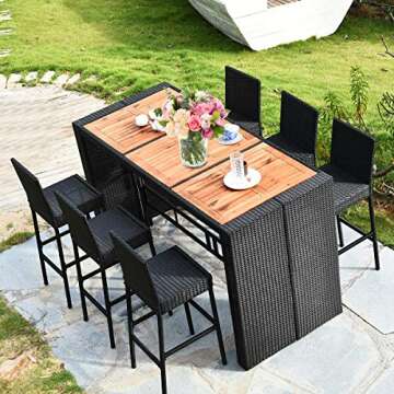 Tangkula 7 PCS Outdoor Wicker Furniture with Acacia Wood Bar Table Top and Removable Cushion, Conversation Set for Dining, Patios, Backyards, Porches, Gardens and Poolside (Black)