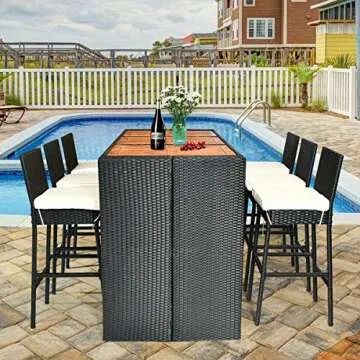 Tangkula 7 PCS Outdoor Wicker Furniture with Acacia Wood Bar Table Top and Removable Cushion, Conversation Set for Dining, Patios, Backyards, Porches, Gardens and Poolside (Black)