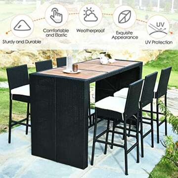 Tangkula 7 PCS Outdoor Wicker Furniture with Acacia Wood Bar Table Top and Removable Cushion, Conversation Set for Dining, Patios, Backyards, Porches, Gardens and Poolside (Black)