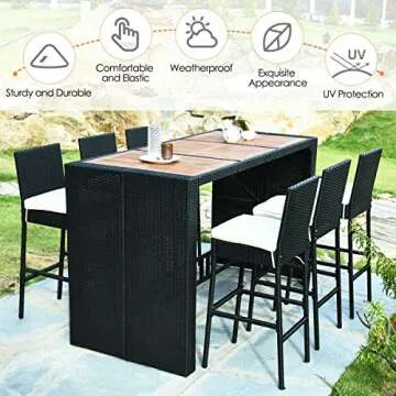 Tangkula 7 PCS Outdoor Wicker Furniture with Acacia Wood Bar Table Top and Removable Cushion, Conversation Set for Dining, Patios, Backyards, Porches, Gardens and Poolside (Black)
