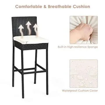 Tangkula 7 PCS Outdoor Wicker Furniture with Acacia Wood Bar Table Top and Removable Cushion, Conversation Set for Dining, Patios, Backyards, Porches, Gardens and Poolside (Black)