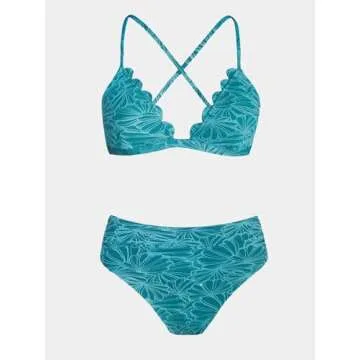CUPSHE Bikini Set for Women Bathing Suit High Waisted Scalloped V Neck Two Pieces Swimsuit M Cyan