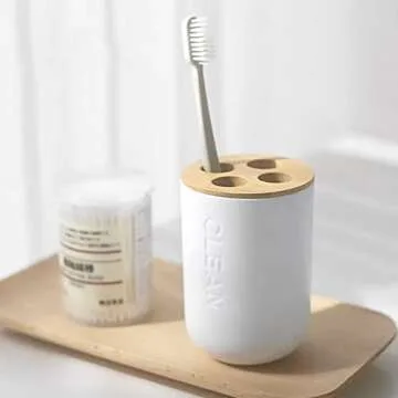 Bamboo Toothbrush Holders for Bathroom Countertop Storage Organizer - Home Decor - Four Divided Compartments, White