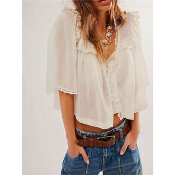 Hassembly Women Summer Cute Chiffon Shirt Low Cut V-Neck Short Sleeve Ruffle Trim Blouse Y2K Going Out Button Down Mesh Shirt (Creamy-White, XL)