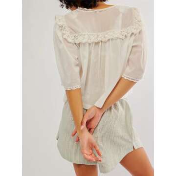 Hassembly Women Summer Cute Chiffon Shirt Low Cut V-Neck Short Sleeve Ruffle Trim Blouse Y2K Going Out Button Down Mesh Shirt (Creamy-White, XL)