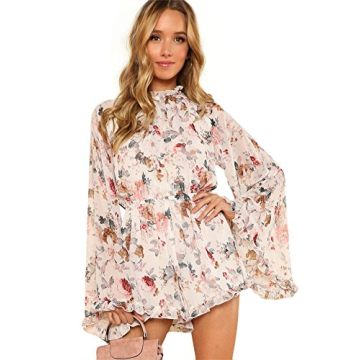 ROMWE Women's Floral Printed Ruffle Bell Sleeve Romper