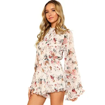 ROMWE Women's Floral Printed Ruffle Bell Sleeve Romper