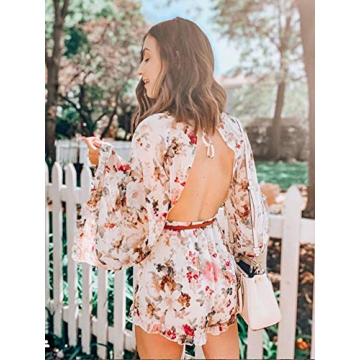 ROMWE Women's Floral Printed Ruffle Bell Sleeve Romper