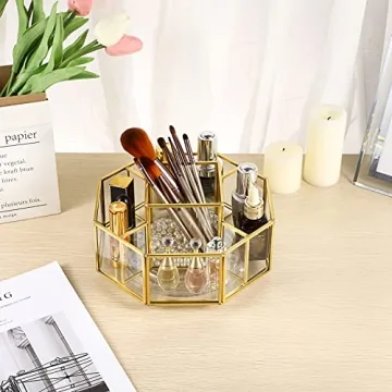 Hipiwe Rotating Glass Makeup Organizer - 5 Slots Gold