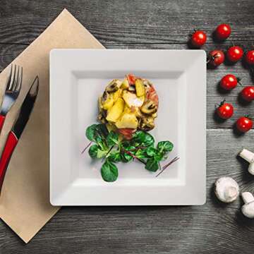 Oasis Creations White Square Plates Set 10" - 50 count - Premium Hard White Disposable Plastic - Disposable and Reusable - Salad Plate - Appetizer Plate - Dinner Plate - Party Plate Set