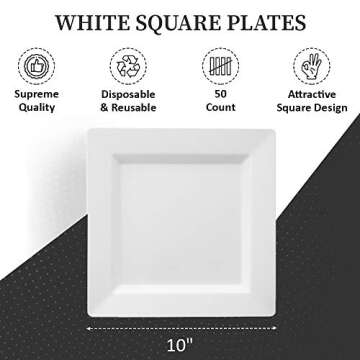 Oasis Creations White Square Plates Set 10" - 50 count - Premium Hard White Disposable Plastic - Disposable and Reusable - Salad Plate - Appetizer Plate - Dinner Plate - Party Plate Set