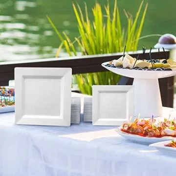Oasis Creations White Square Plates Set 10" - 50 count - Premium Hard White Disposable Plastic - Disposable and Reusable - Salad Plate - Appetizer Plate - Dinner Plate - Party Plate Set