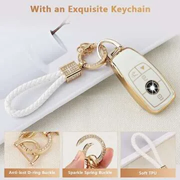 PIFOOG Key Fob Cover for Mercedes TPU White Gold Bling Keychain Accessories Fit Benz GLA GLE GLB GLS GLC CLA CLS C300 AMG A E S G Class Cute Car Keys Case Shell Girly Women
