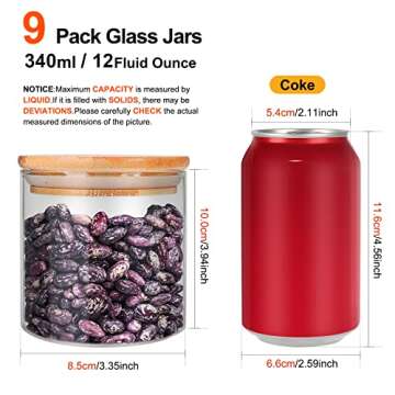 Glass Food Storage Containers Jars with Airtight Bamboo Lid 12 oz 9 pcs, 340 ml Pantry Organization ...