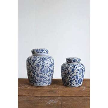 Creative Co-Op Decorative Blue and White Ceramic Ginger Jar with Lid