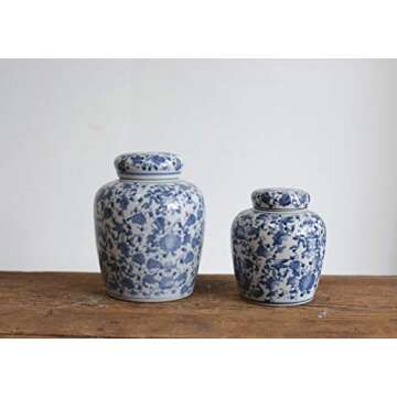 Creative Co-Op Decorative Blue and White Ceramic Ginger Jar with Lid