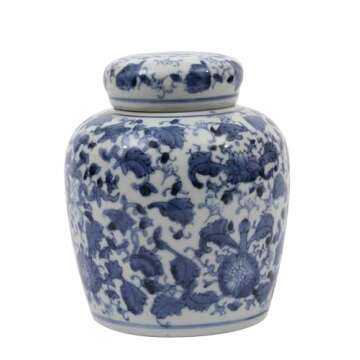 Creative Co-Op Decorative Blue and White Ceramic Ginger Jar with Lid