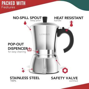 LuxHaus Moka Pot - 3 Cup Stovetop Espresso Maker - 100% Stainless Steel Italian and Cuban Mocha Coffee Maker