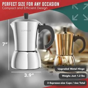 LuxHaus Moka Pot - 3 Cup Stovetop Espresso Maker - 100% Stainless Steel Italian and Cuban Mocha Coffee Maker