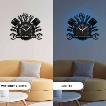 AIFLM Personalized Metal Auto Repair Mechanic Tools Wall Clock with LED Light, Custom Name Car Repair Tools Metal Wall Clock Neon Sign, Man Cave Garage Wall Sign Decor Gift for Father's Day Husband