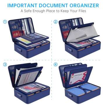 ENGPOW 5200℉ Fireproof File Organizer Bag with 13 Pocket Accordion File Folder,Document Organizer Box with Lock&Labels,Multi-Layer Portable Home Travel Safe Storage Box for Important Documents,Blue