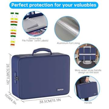 ENGPOW 5200℉ Fireproof File Organizer Bag with 13 Pocket Accordion File Folder,Document Organizer Box with Lock&Labels,Multi-Layer Portable Home Travel Safe Storage Box for Important Documents,Blue