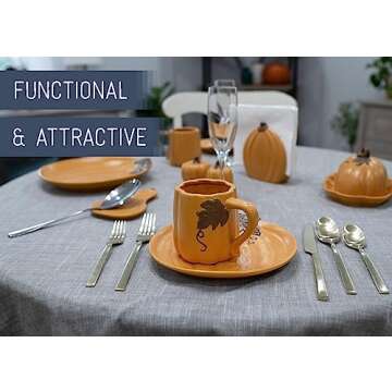 Nat & Jules Pumpkin Shaped 12 ounce Ceramic Coffee Mug and Small Saucer: Perfect for Halloween, Thanksgiving and Fall Collections - 2 Piece Set, Orange