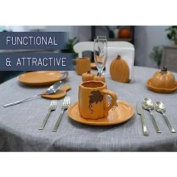 Nat & Jules Pumpkin Shaped 12 ounce Ceramic Coffee Mug and Small Saucer: Perfect for Halloween, Thanksgiving and Fall Collections - 2 Piece Set, Orange